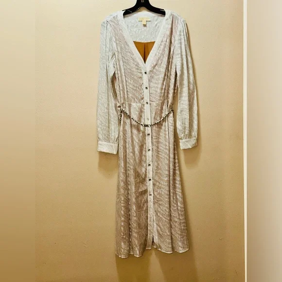 ✨ Michael Michael Kors Metallic Shimmer Midi Dress Chain Waist L - Picture 1 of 16